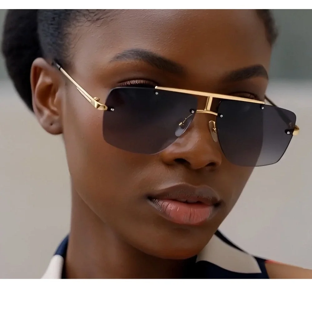 Rimless Sunglasses Women Black Lens Gold Frame Square Shades Classic Retro Gafas